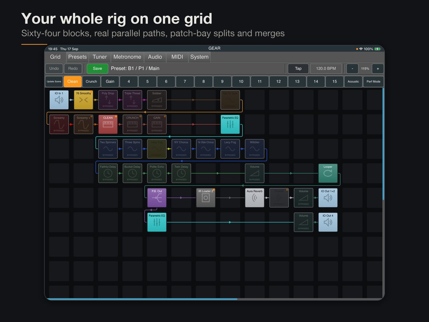 The GEAR grid on an iPad: a rig of amp capture, cabinet and effects blocks with parallel paths