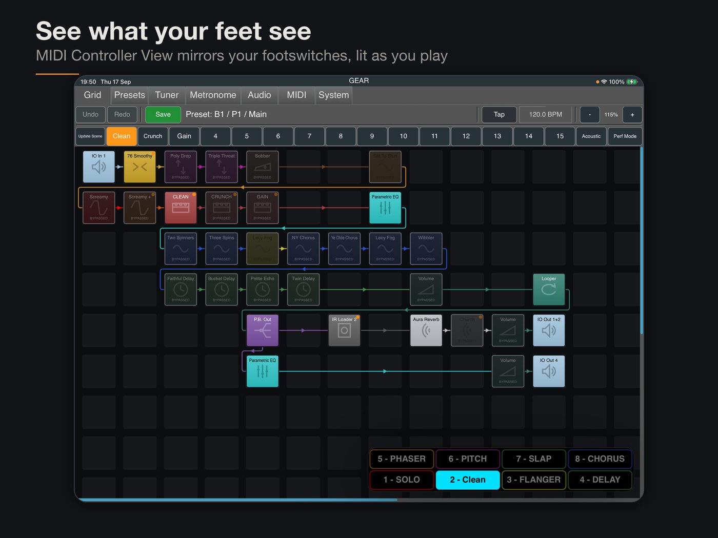 The MIDI Controller View: eight footswitch cells in the pedal's own layout, the active one lit